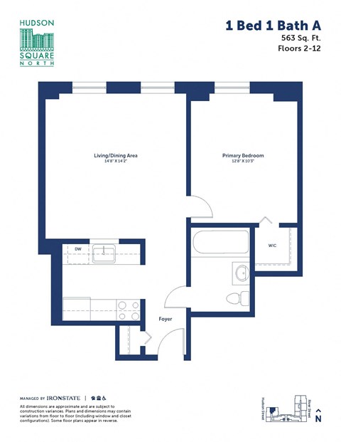 Floor plan for 1 bed, 1 bath, 563 sqft